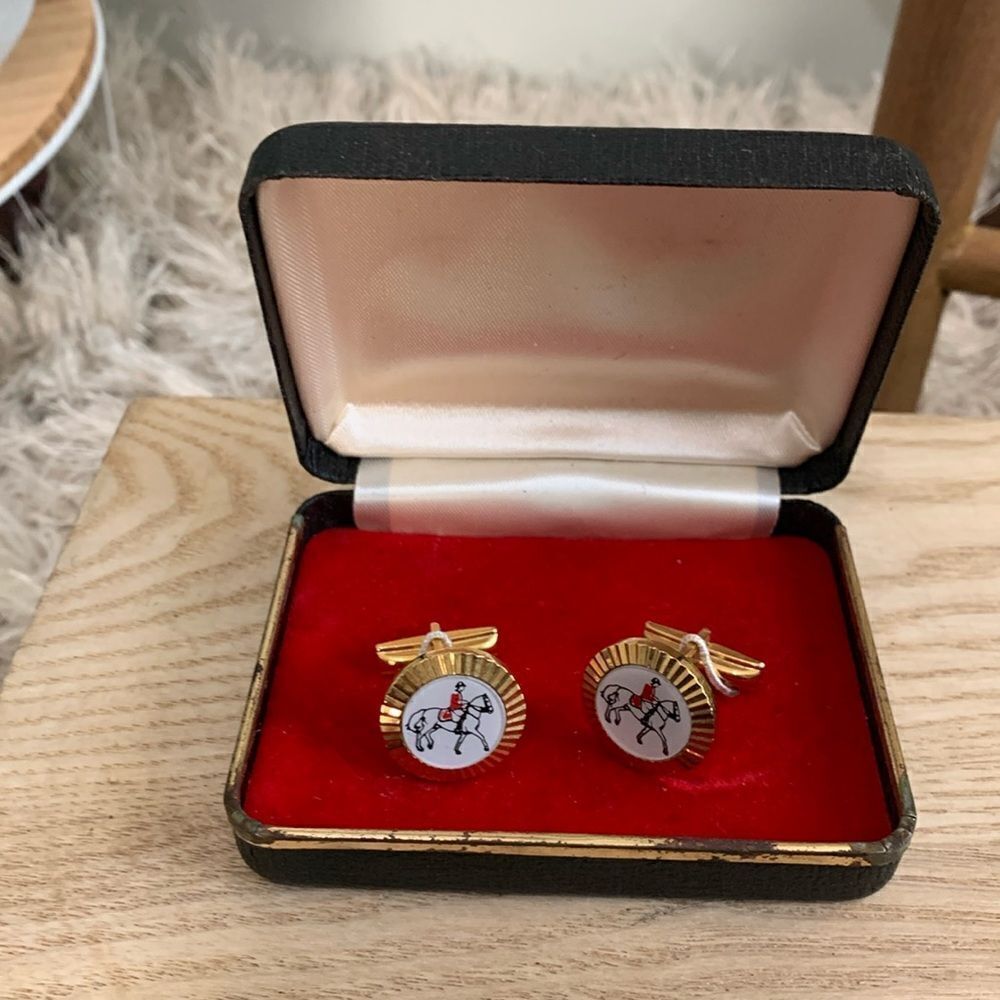 Vintage Equestrian Style Horse & Rider Gold Tone, Red, White‎ & Black Cuff Links